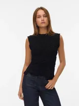 Top negro de tejido con textura, sin mangas y cuello redondo. Confeccionado en punto plano con mezcla de viscosa LENZING™ ECOVERO™ y nailon. Diseño de calce regular, textura suave y caída ligera.