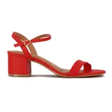 Sandalias de tacón medio grueso Vizzano, color rojo, con tira delantera simple y tira ajustable al tobillo con hebilla dorada.