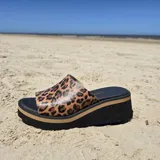 Zuecos de cuero color tostado con textura de reptil, plataforma baja y suela cómoda.