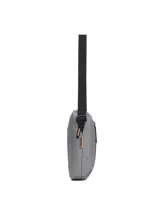 Bolso tipo bandolera Caterpillar color gris, con correa ajustable negra, compartimento principal con cierre, bolsillo frontal vertical con cremallera y detalles de la marca en amarillo y negro.