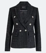 Blazer negro de tweed con hilos metalizados, corte entallado, escote en V profundo, bolsillos delanteros con solapa y doble botonadura con seis botones decorativos de strass.
