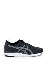 Championes deportivos Asics modelo Streetwise, color azul con diseño melange, suela blanca con detalles en naranja y el logo de la marca en tono rosado en el lateral.