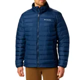 Campera inflable Columbia Powder Lite color azul marino, con cierre frontal, cuello alto y logo de la marca bordado en el pecho.