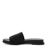 Sandalias planas marca Bottero con banda ancha de cuero con textura de pelo animal print de leopardo y base negra.