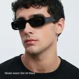 Lentes de sol rectangulares negros con protección UV400 y lentes polarizadas alemanas con recubrimiento anti-scratch y superhydrophobic.