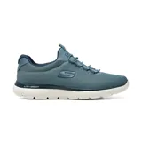 Championes deportivos Skechers Summits Corlen de color azul, con diseño sin cordones tradicionales y entresuela ligera blanca.