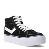 Championes tipo bota de lona negra con plataforma blanca, cordones blancos y detalle de logo lateral en blanco.