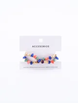 Pulsera elástica compuesta por piedras irregulares de colores variados y cuentas metálicas doradas.