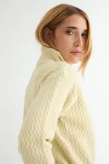 Polera de tejido de punto con cuello alto y textura acanalada en zigzag. Presenta mangas largas y puños ajustados, con un diseño clásico y versátil.