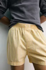 Pack de dos calzoncillos tipo bóxer de popelín de algodón. Uno es amarillo con rayas verticales azules y el otro es azul oscuro con estampado a cuadros. Ambos tienen cintura elástica con efecto doble combinado a contraste y bragueta delantera con botones.