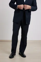 Traje de corte clásico compuesto por saco de dos botones y pantalón de vestir a juego. El saco presenta solapas tradicionales y bolsillos con solapa, mientras que el pantalón tiene un corte recto y formal.