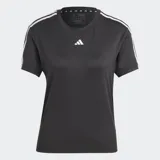 Remera de training Adidas color negro, con cuello redondo y mangas cortas. Presenta las tres franjas blancas características de la marca en los hombros y el logo Badge of Sport en blanco en el pecho.