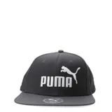 Gorra Puma de visera plana, color gris oscuro, con el logo de la marca bordado en blanco en el frente.