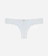 Bombacha de bikini tipo bikini, color rosado, confeccionada en encaje floral con terminación de encaje festoneado en los bordes.