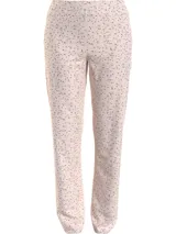 Pantalón de pijama largo color rosa pálido con estampado de letras negras.