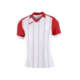 Camiseta de fútbol Joma modelo Grada, a rayas verticales blancas y rojas, con mangas rojas y cuello en V.
