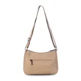 Bandolera de cuero sintético color bordó, con múltiples bolsillos frontales con cierre y correa ajustable en contraste de color.