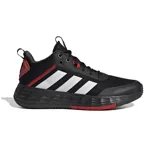 Championes adidas modelo Own The Game de básquet, color negro con detalles en rojo y las tres tiras clásicas en blanco. Presentan capellada de malla y materiales sintéticos, entresuela con tecnología Lightmotion para mayor amortiguación y suela de goma con inserción roja.