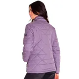 Campera Caterpillar acolchada color lila con cierre frontal, cuello alto y logo de la marca en la manga. Resistente al agua y al viento, con bolsillos inferiores con cierre y puños elasticados.