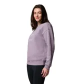 Buzo de cuello redondo color lila, con estampado circular de la marca Columbia en el pecho. Presenta puños, cuello y dobladillo acanalados.