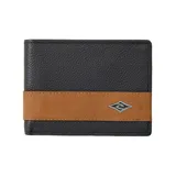 Billetera de cuero sintético negra con banda horizontal marrón y logo metálico.