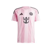 Camiseta de fútbol Adidas del Inter Miami CF, modelo 25/26. Diseño a rayas verticales rosas y blancas con detalles en negro en cuello, mangas y hombros. Incluye logo de Adidas, escudo del club y sponsor Royal Caribbean en el frente.