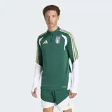 Buzo de entrenamiento Adidas de la selección de Italia, color verde con detalles en blanco y dorado. Presenta cierre frontal parcial, cuello alto y mangas largas con aberturas para pulgares.