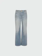 Pantalón de jean recto con diseño de costuras acolchadas en forma de diamante en toda la prenda. Cuenta con cierre de botón y cremallera, y bolsillos laterales y traseros.