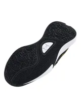 Championes de básquetbol Under Armour Lockdown 7, color negro con detalles en dorado y entresuela blanca. Presentan parte superior de malla transpirable con superposiciones de cuero, entresuela de EVA para mayor reactividad y suela de caucho con patrón de espiga para un control óptimo en la cancha.