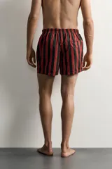 Short de baño confeccionado en tejido técnico, con diseño de rayas verticales en color verde y negro. Cuenta con cintura elástica ajustable con cordón, bolsillos laterales y bolsillo trasero con vivo, además de forro interior.