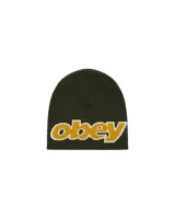 Gorro tipo beanie de punto color verde oliva con el logo de la marca Obey bordado en letras amarillas con contorno blanco en la parte frontal.