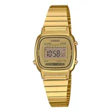 Reloj digital Casio modelo LA670WGA-9DF, color dorado, con caja rectangular de acero inoxidable y pulsera de eslabones.