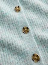 Saco de punto de textura suave en color celeste, con cuello redondo, cierre frontal de botones y mangas largas con puños ajustados.