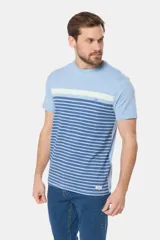 Remera de manga corta con cuello redondo y estampado de rayas horizontales en tonos de azul.