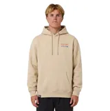 Canguro beige con capucha, bolsillo frontal tipo canguro, cordones de ajuste y estampa pequeña en el pecho con el texto "Rivvia" y símbolos.