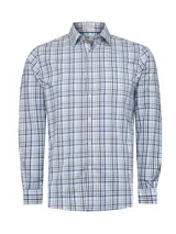 Camisa de manga larga con estampado de cuadros en tonos azules y blancos. Presenta cuello camisero, cierre frontal con botones y un bolsillo en el pecho con logo bordado.