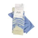 Pack de dos pares de medias tobilleras de algodón, marca Rusty. Un par es azul liso y el otro presenta un estampado tipo cebra o animal print en tonos azul claro y verde pálido.