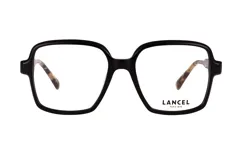 Lentes de receta Lancel con marco cuadrado de acetato negro y patillas con estampado carey.