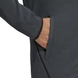 Campera deportiva Adidas con cierre frontal completo, capucha integrada y bolsillos laterales. Confeccionada en tejido técnico transpirable de color gris oscuro, diseñada para brindar libertad de movimiento durante el entrenamiento.