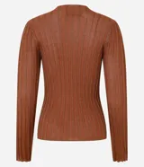 Suéter de punto de la marca Cortelle, con cuello redondo, mangas largas y diseño de rayas verticales texturizadas con hilos metalizados incorporados.