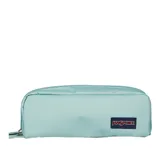 Cartuchera Jansport modelo Perfect Pouch, color verde menta pálido (Faded Sage), de forma alargada y redondeada, con cierre principal y logo rectangular de la marca en color azul marino en el frente.