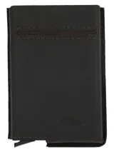 Billetera de cuero natural color marrón con tecnología RFID para protección de datos. Presenta un diseño minimalista con costuras visibles y el logo de la marca grabado en la parte inferior.