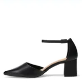 Sandalias de cuero negro con taco cuadrado, punta fina y tira ajustable con hebilla en el tobillo.