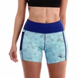 Calza corta deportiva ajustada, color celeste claro con estampado sutil en negro. Posee cintura ancha de color azul oscuro y detalles de costuras en azul oscuro en los laterales y el borde de la pierna.