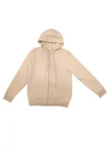 Campera deportiva unisex color beige, confeccionada en algodón con felpa, con capucha, cierre frontal y bolsillo tipo canguro.