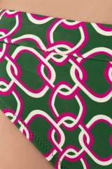 Calzón de bikini verde oscuro con estampado geométrico de cadenas entrelazadas en blanco y rosa. Tiene corte de pierna alta y cobertura media.