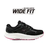 Championes deportivos Skechers Go Run Consistent 2.0, diseñados con horma ancha (Wide Fit). Presentan una parte superior de malla técnica negra con detalles en fucsia, media suela blanca con amortiguación Ultra Light y suela flexible con tracción.