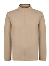 Buzo de algodón orgánico color beige, con cuello alto, cierre frontal y manga larga. Presenta detalles en contraste en el interior del cuello y el logo bordado en el pecho.