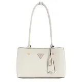 Cartera tote Guess modelo Meridian, color blanco con textura granulada y detalles metálicos dorados. Incluye llavero colgante con logo de la marca.