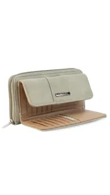 Billetera larga marca Lincoln's, color bordó con interior beige. Presenta un diseño con solapa frontal, múltiples compartimentos para tarjetas, visor y monedero con cierre.